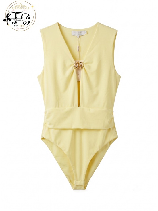 Maje Tops - Maje Pale Yellow Sleeveless Ring-Front Bodysuit